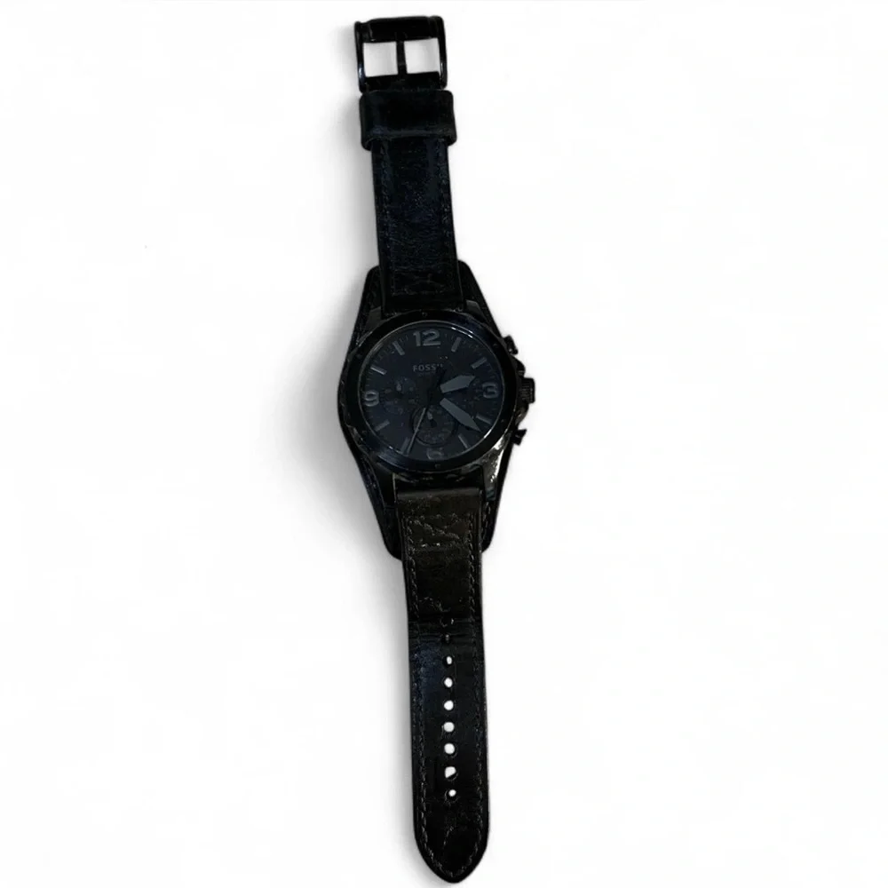 Fossil Nate Chronograph Black Leather Cuff Watch, model JR1510